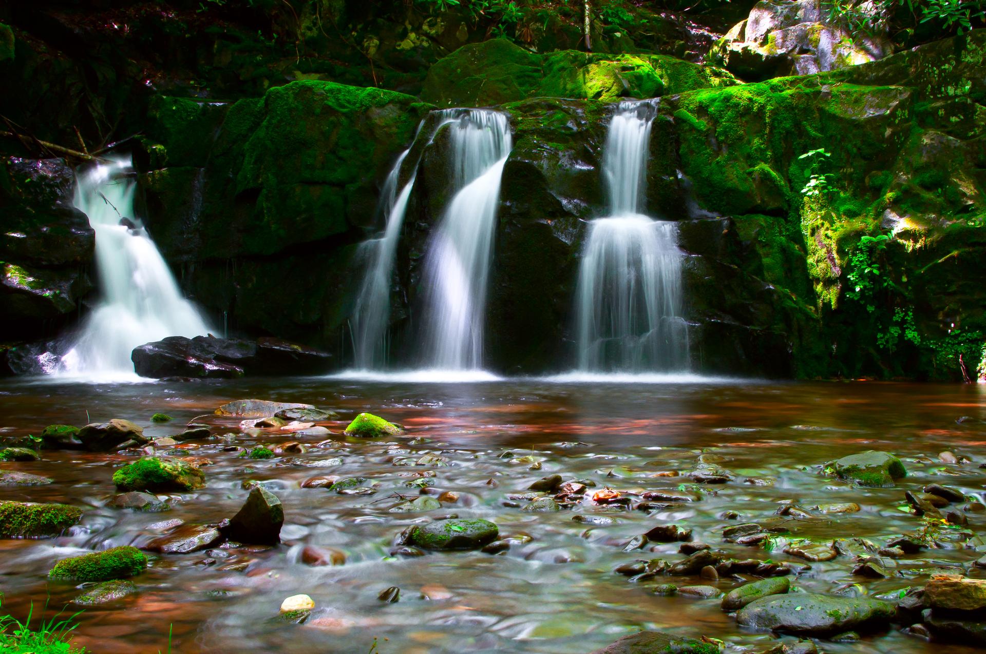 Multiple waterfalls cascade into a rocky stream surrounded by lush green moss.