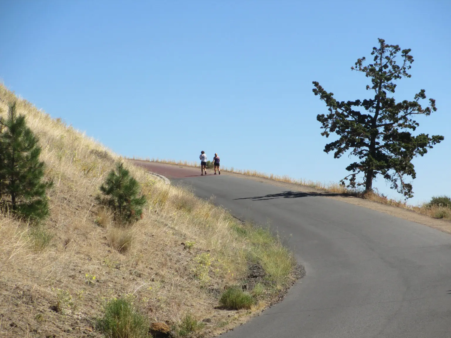 Two people walk up a paved road on a dry, sunny hillside.