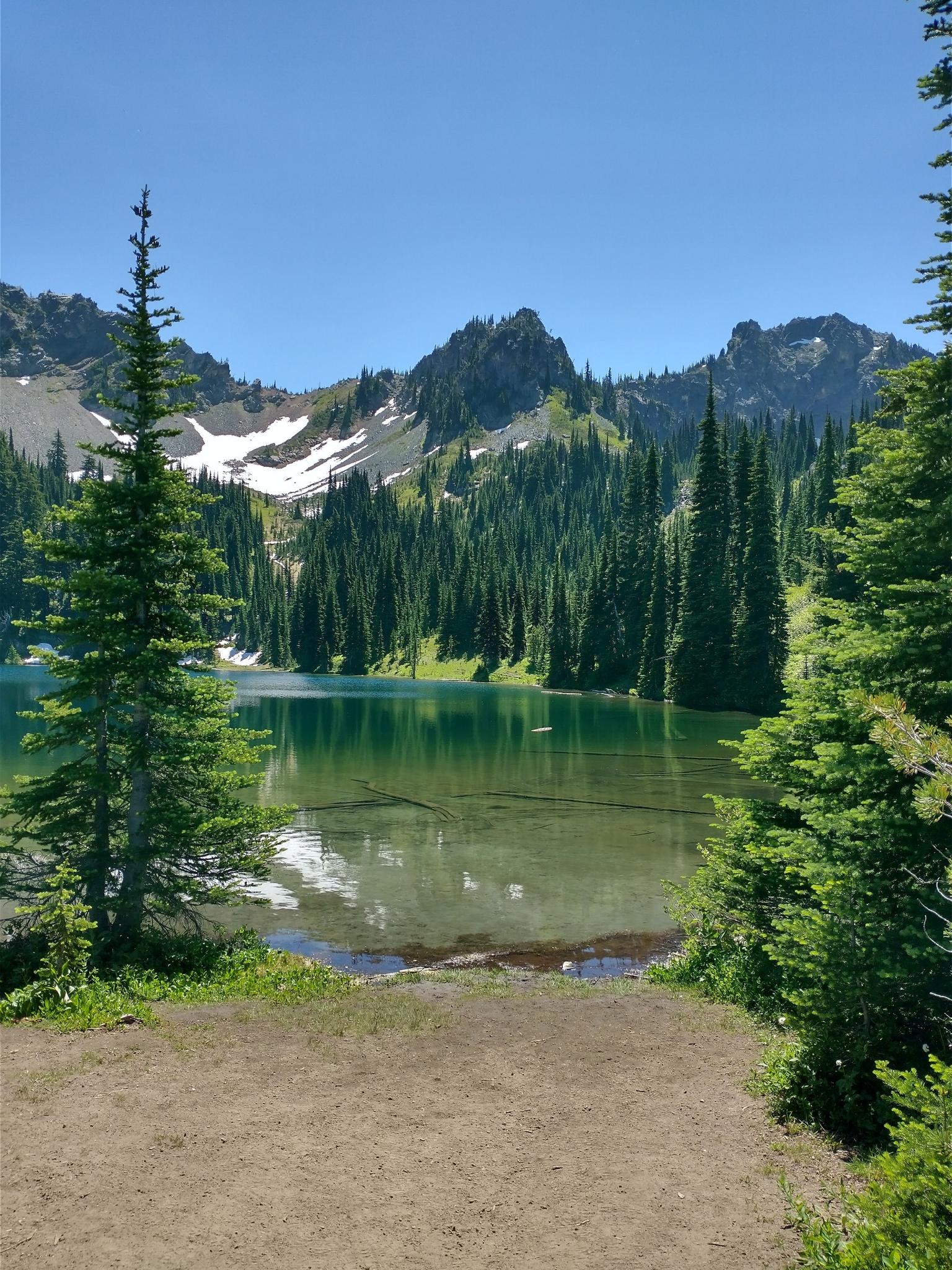 Sunny mountain lake with clear water, framed by pine trees and rocky peaks.