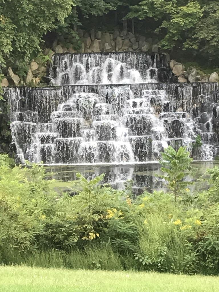 A multi-tiered waterfall cascades down a rocky wall, surrounded by green plants.