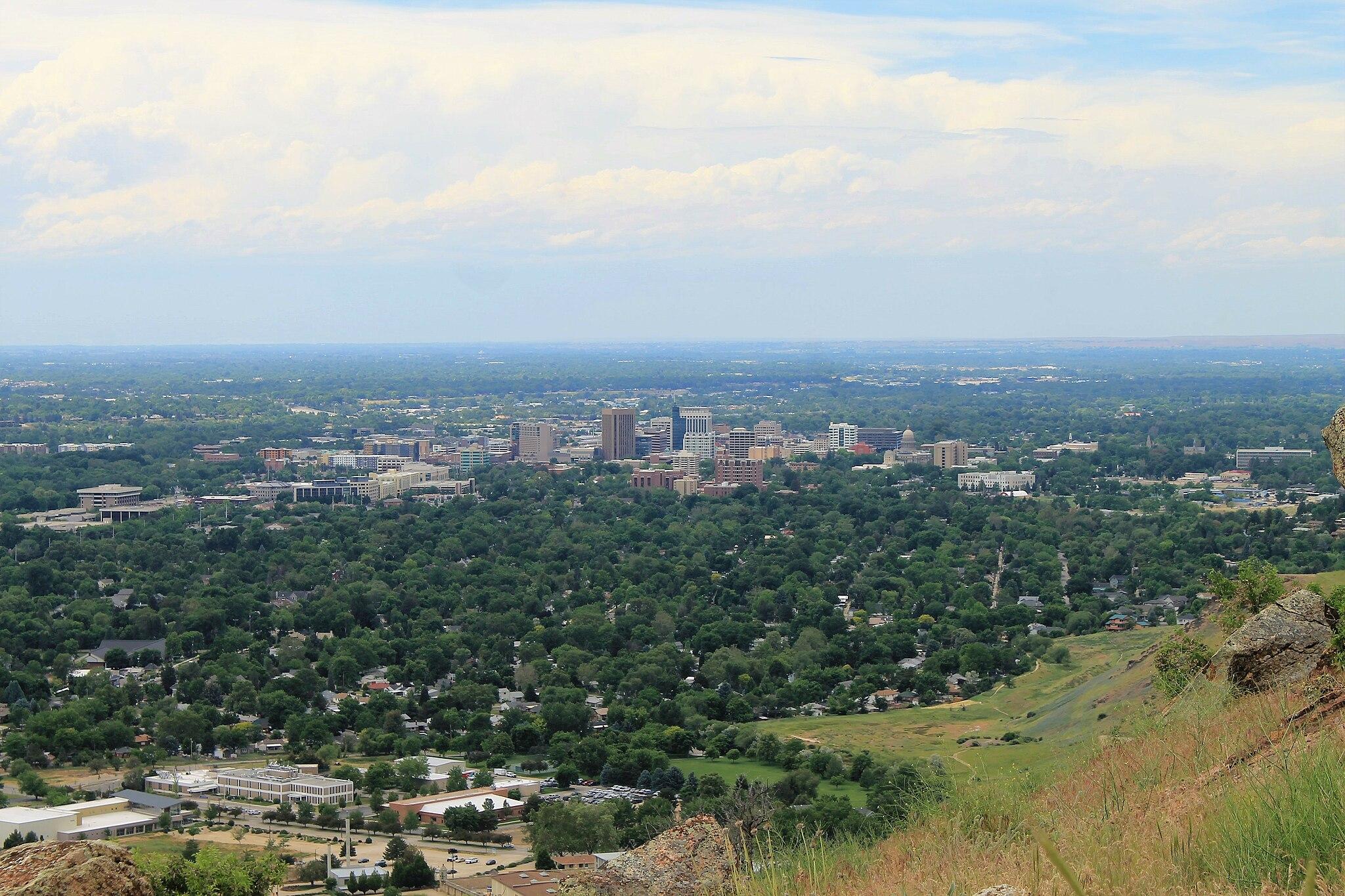 Panoramic view of a city nestled among green trees under a cloudy sky.