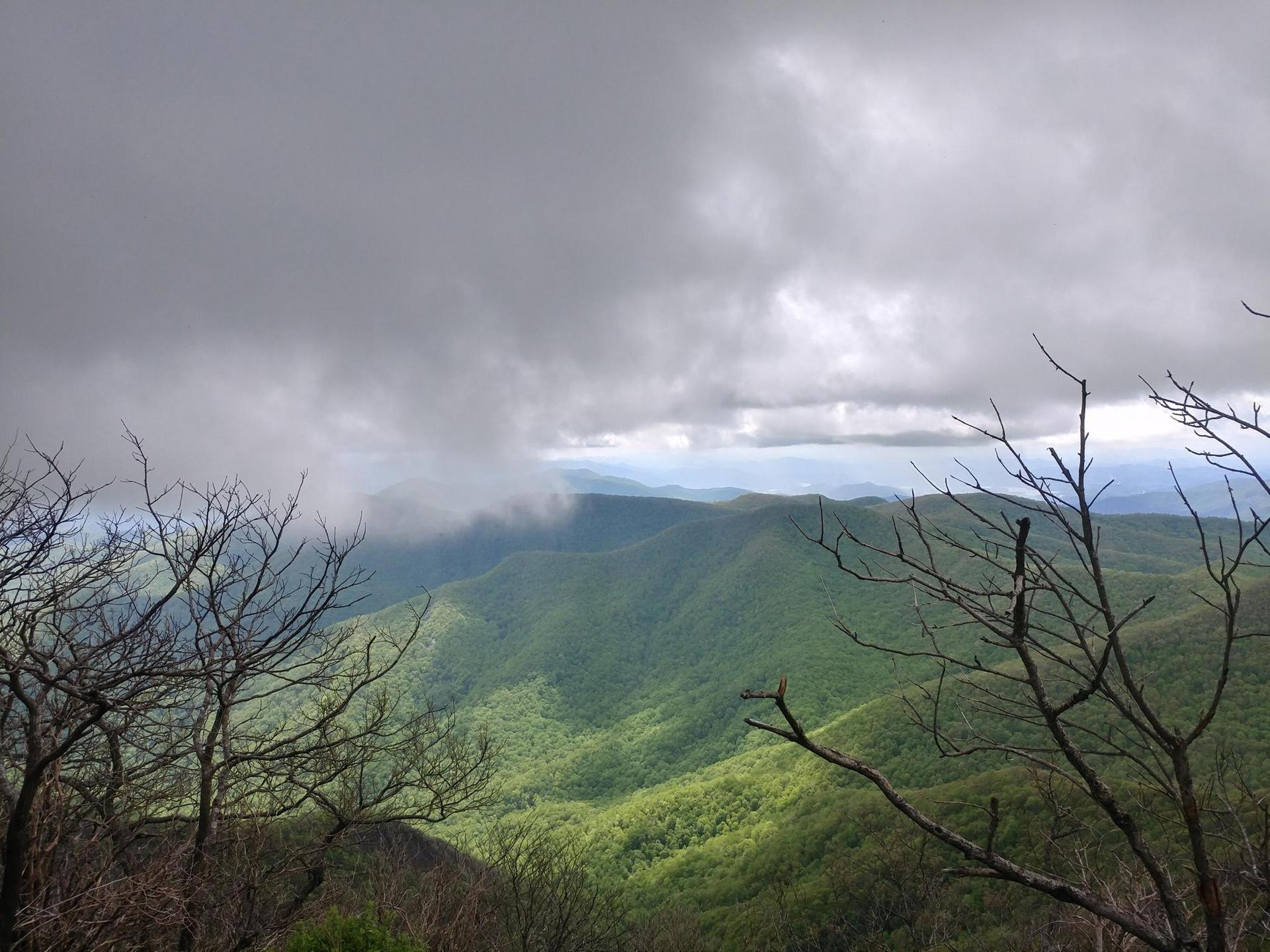 Rolling green mountains shrouded in low-hanging clouds under an overcast sky.