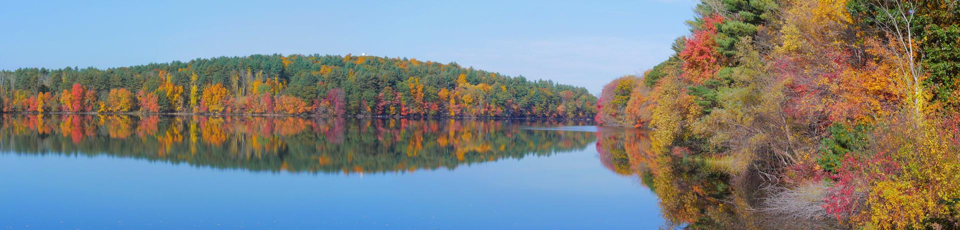 Bright autumn forest reflected in calm blue water on a clear day.