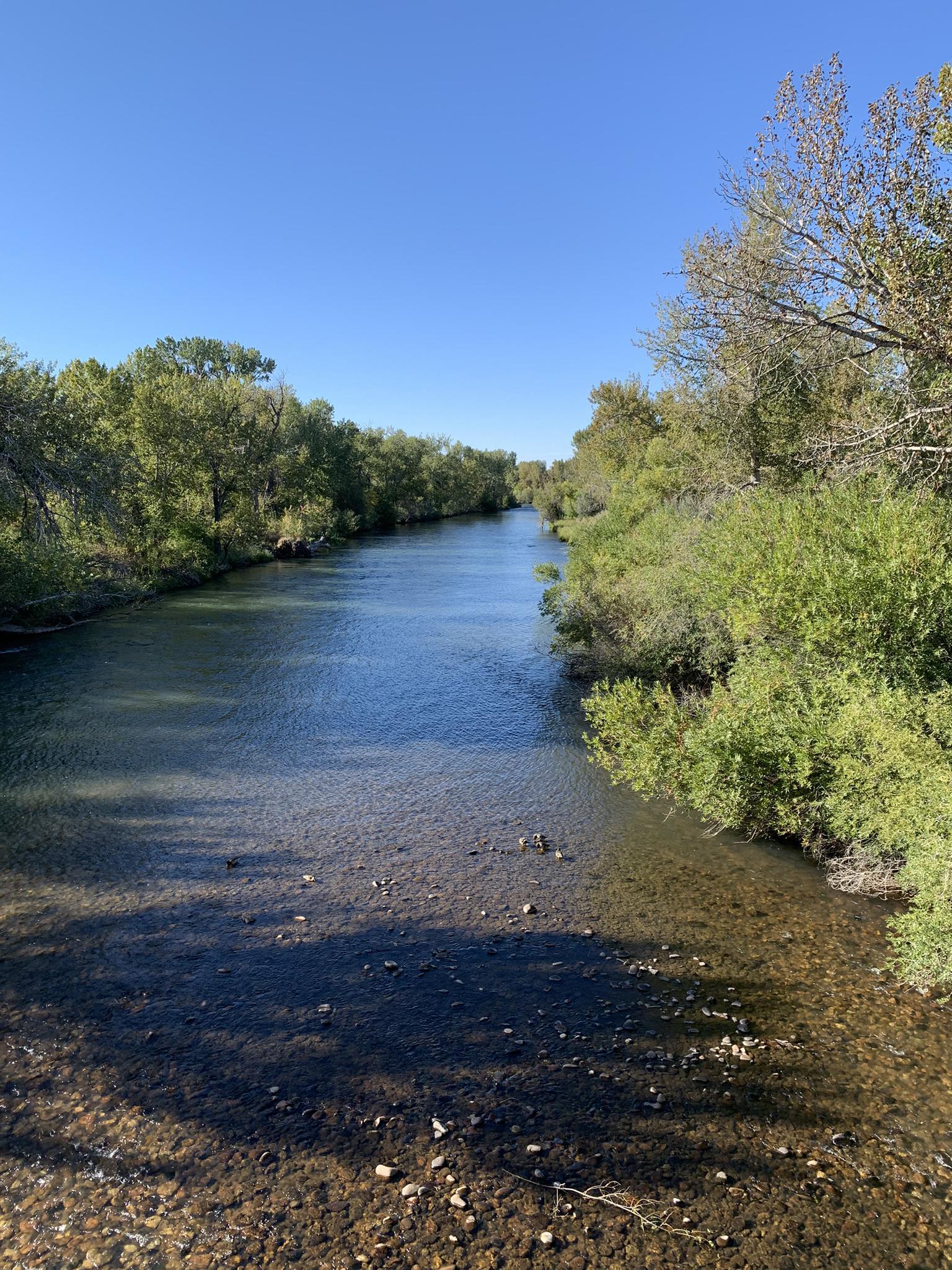 A calm river flows between lush green banks under a clear blue sky.