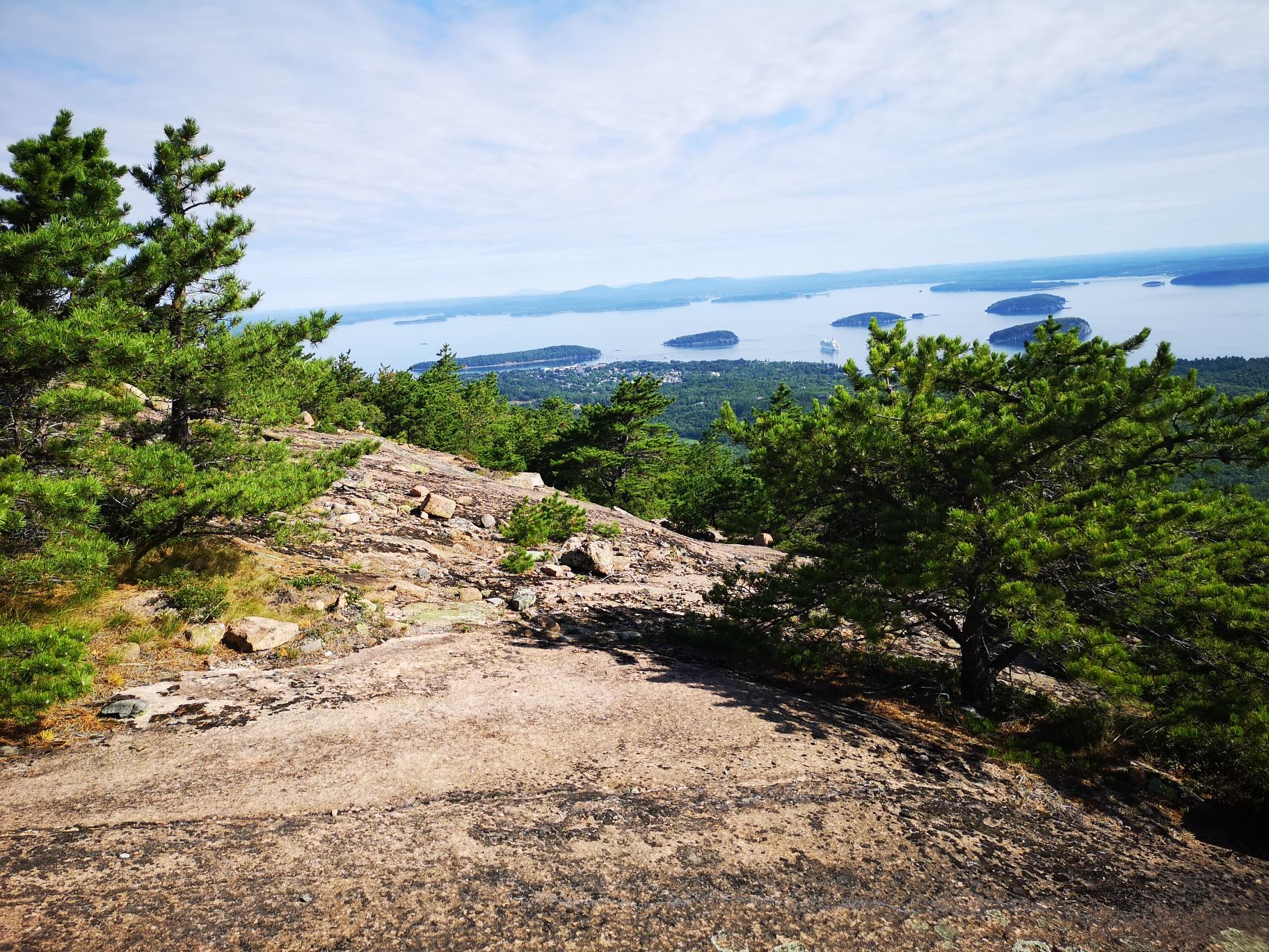 Rocky mountain foreground with pine trees, overlooking ocean and islands.