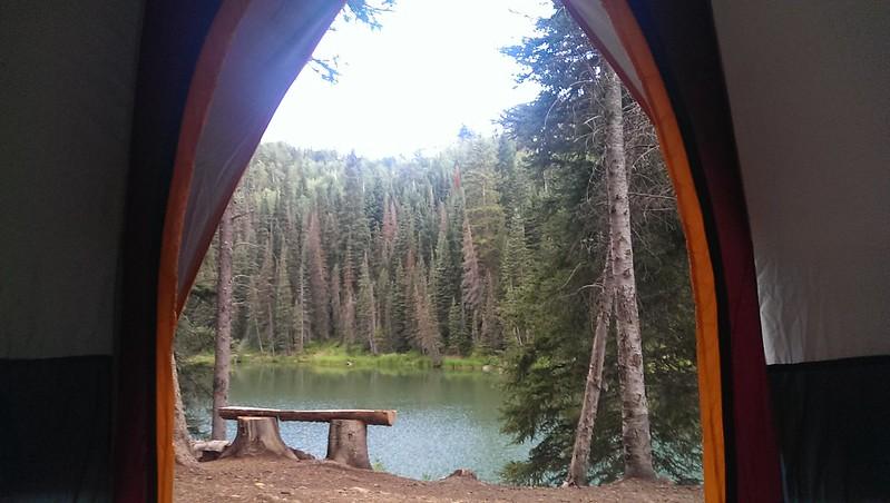 View from inside a tent showing a lake, forest, and wooden bench.