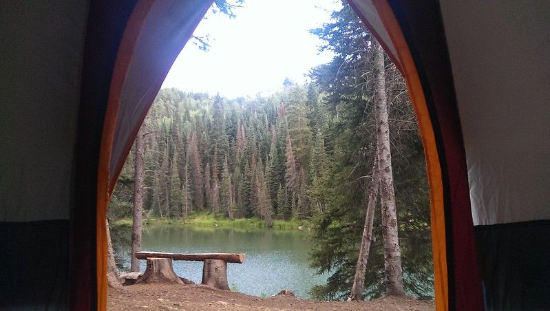View from inside a tent showing a lake, forest, and wooden bench. - Clark Lake Loop Trail
