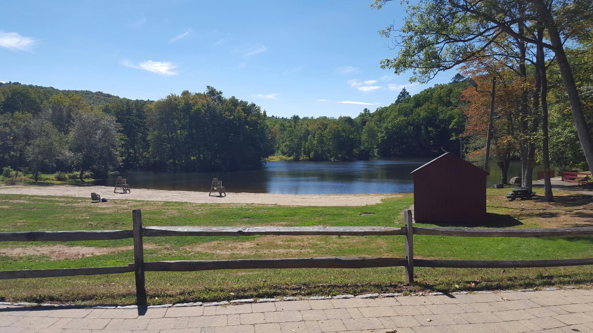 A sunny lake scene with a small red building, sandy beach, and green trees.