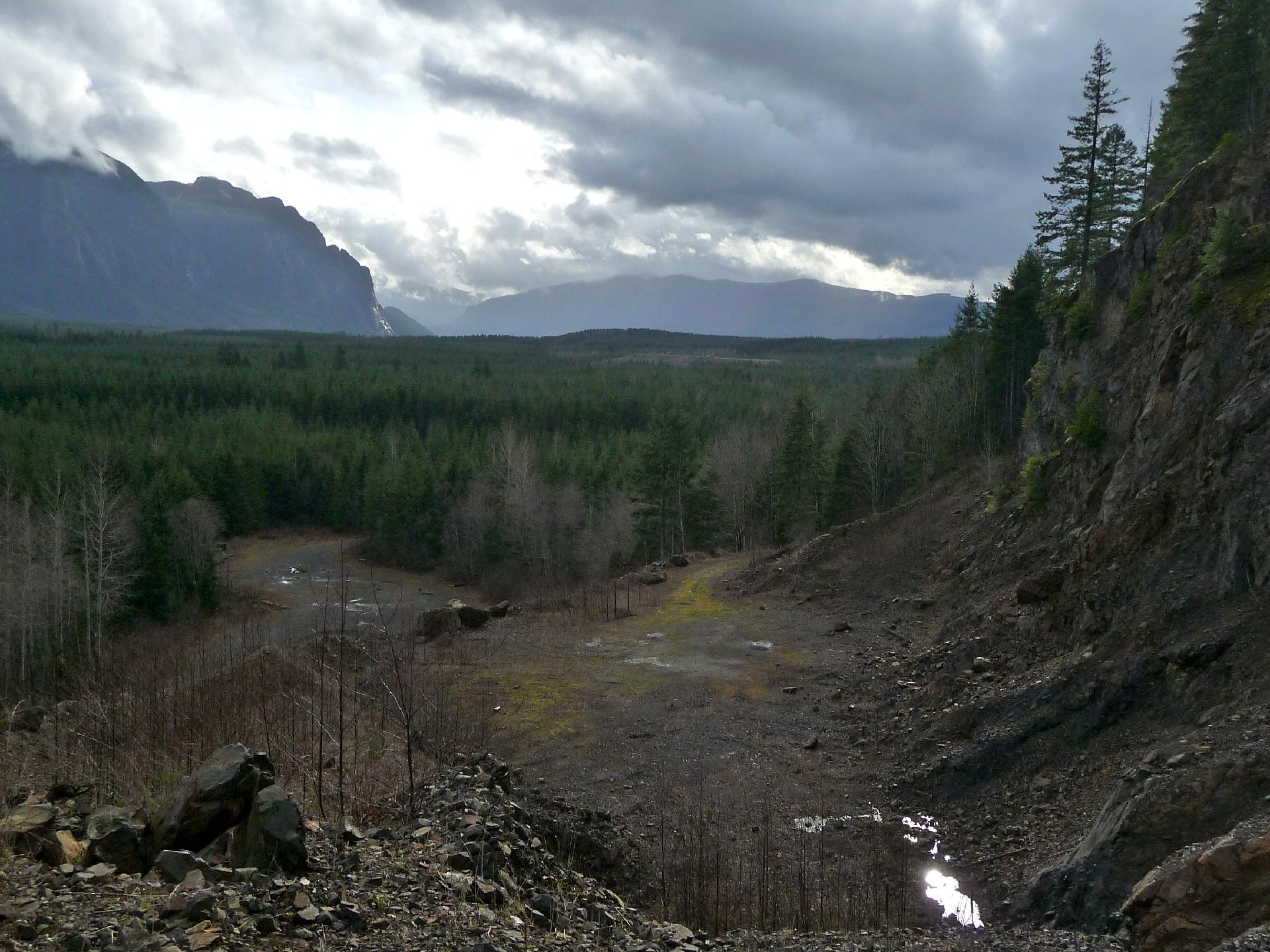 Overcast view of a rocky valley, evergreen forest, and distant mountains.