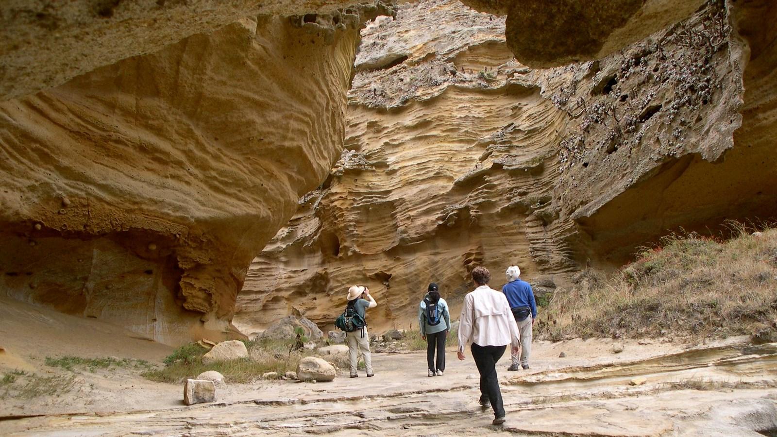 Group of people walking through a large, layered sandstone rock shelter.