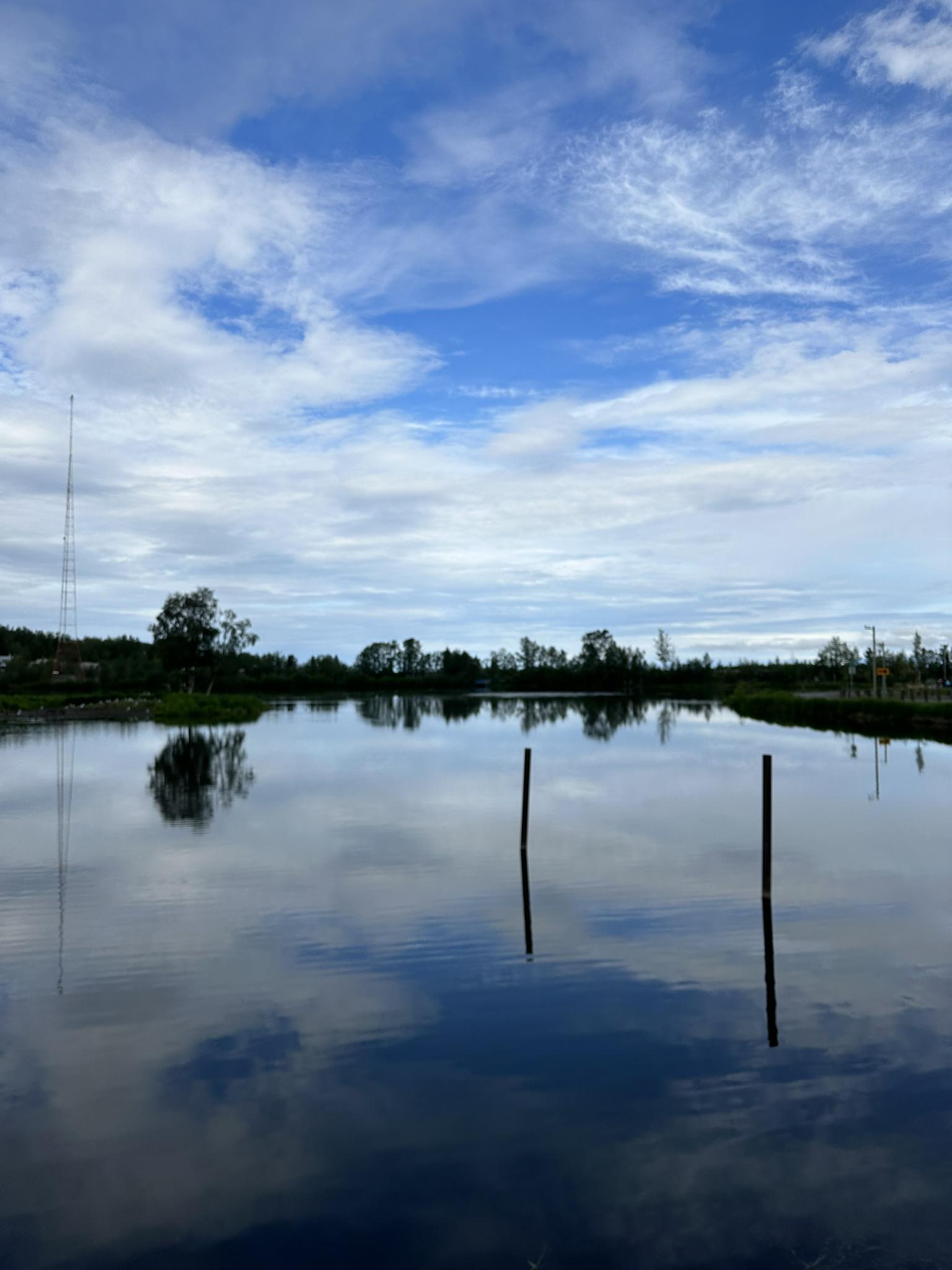 Calm lake reflecting blue sky and clouds, with distant trees and posts.