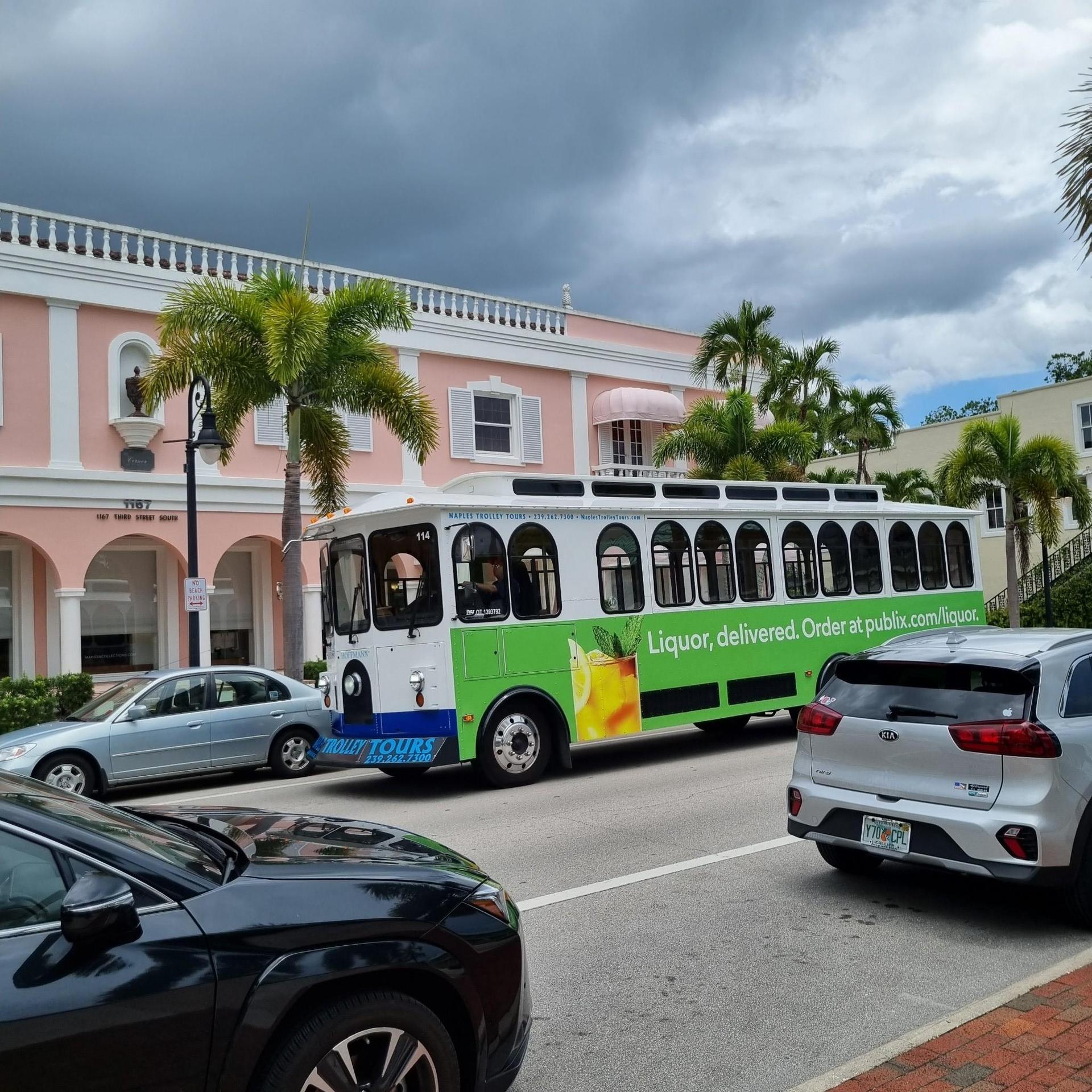 A green and white trolley bus drives on a city street with palm trees.