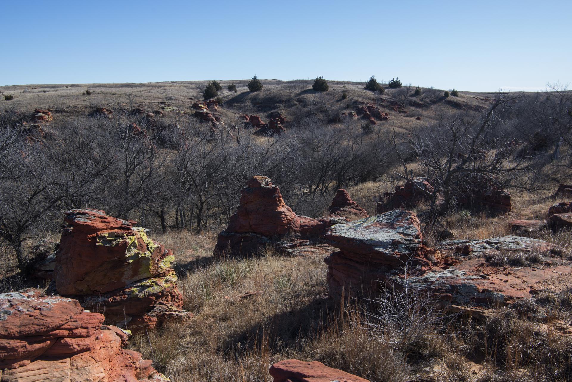 Red rock formations in a dry, open landscape under a clear blue sky.