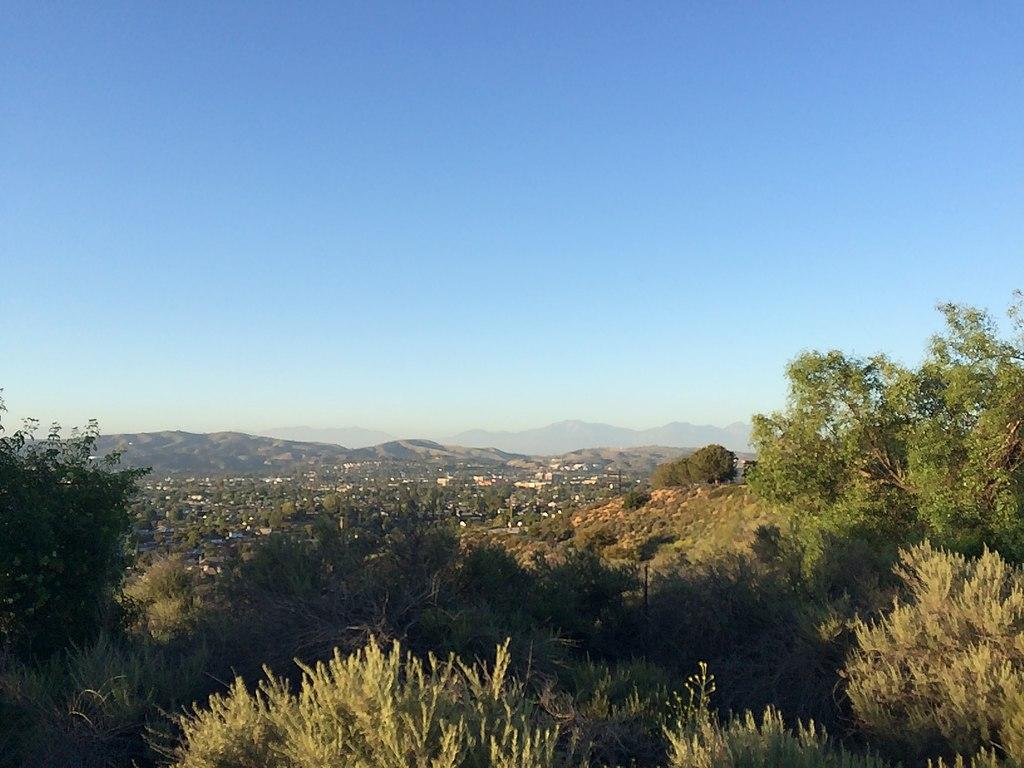 Panoramic view of a city and distant mountains from a brushy hillside.