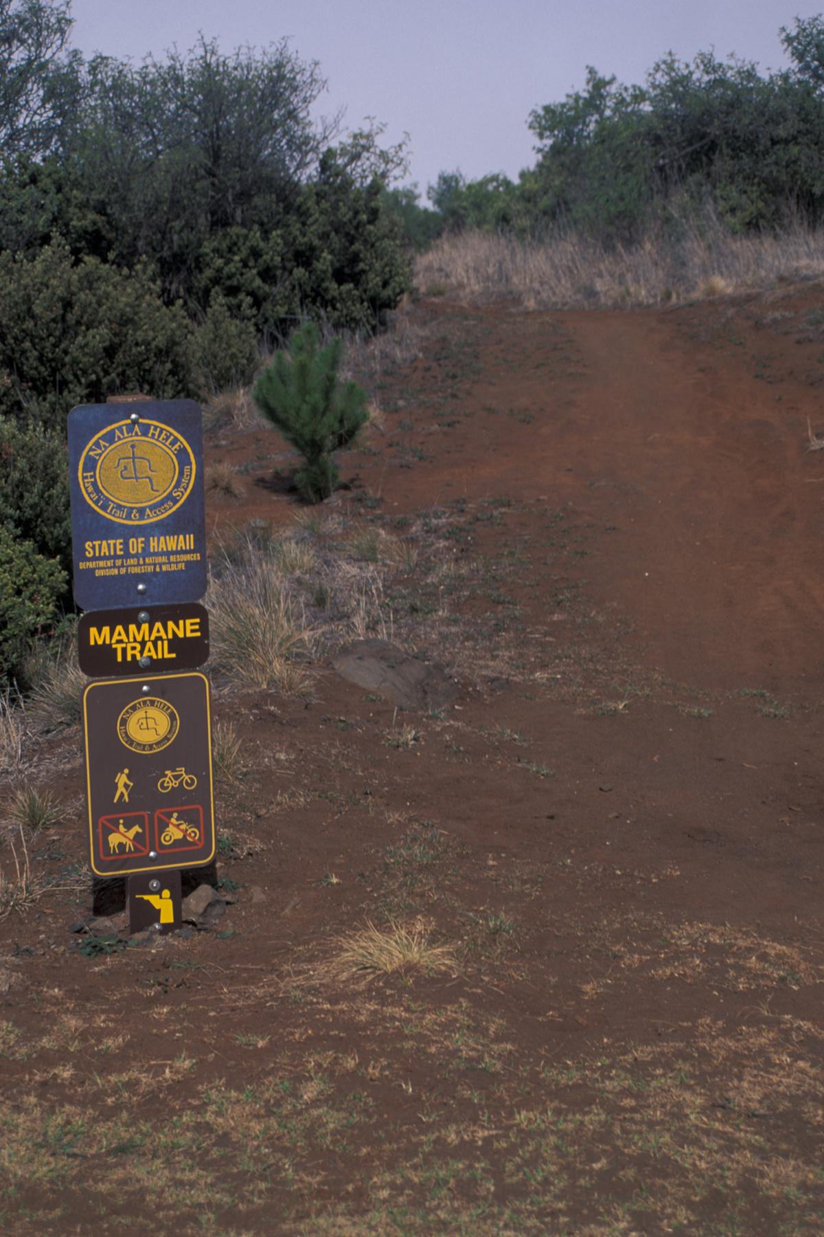 A trail sign stands beside a reddish-brown dirt path under an overcast sky.