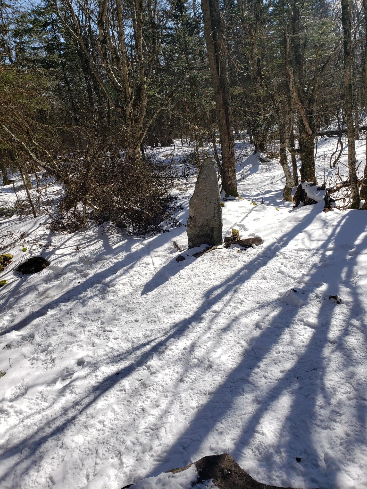 A tall, narrow stone stands in a sunlit, snow-covered forest with long shadows.