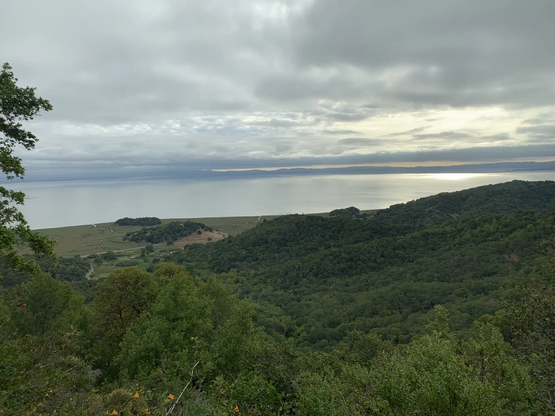 Overcast view of a large body of water and dark green forested hills.
