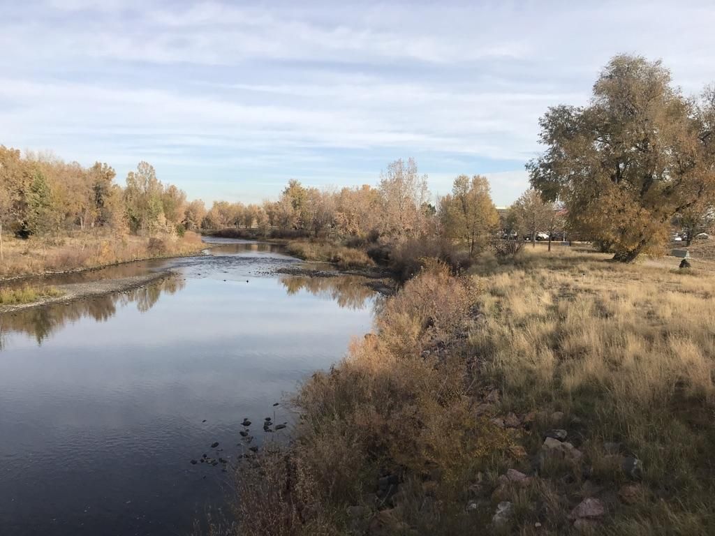 A wide river flows past autumn trees and dry grass under a cloudy sky. - Nixon's Coffee House – Centennial Pond Sunset View loop from Columbine Valley