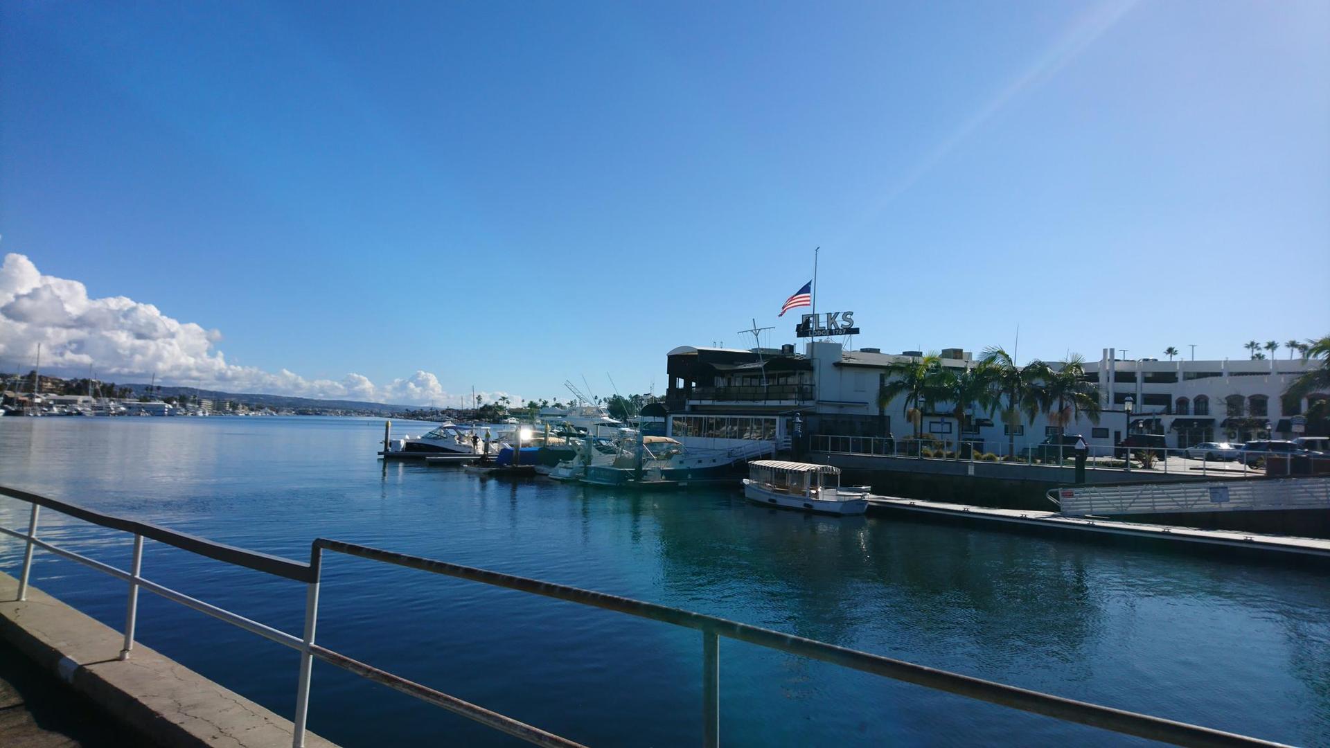 Boats docked in a sunny harbor next to buildings, under a bright blue sky.