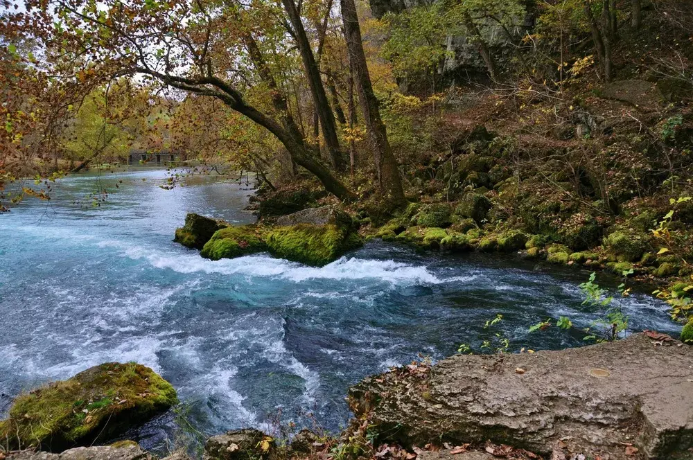 Rushing blue river flows through a vibrant autumn forest with mossy rocks.