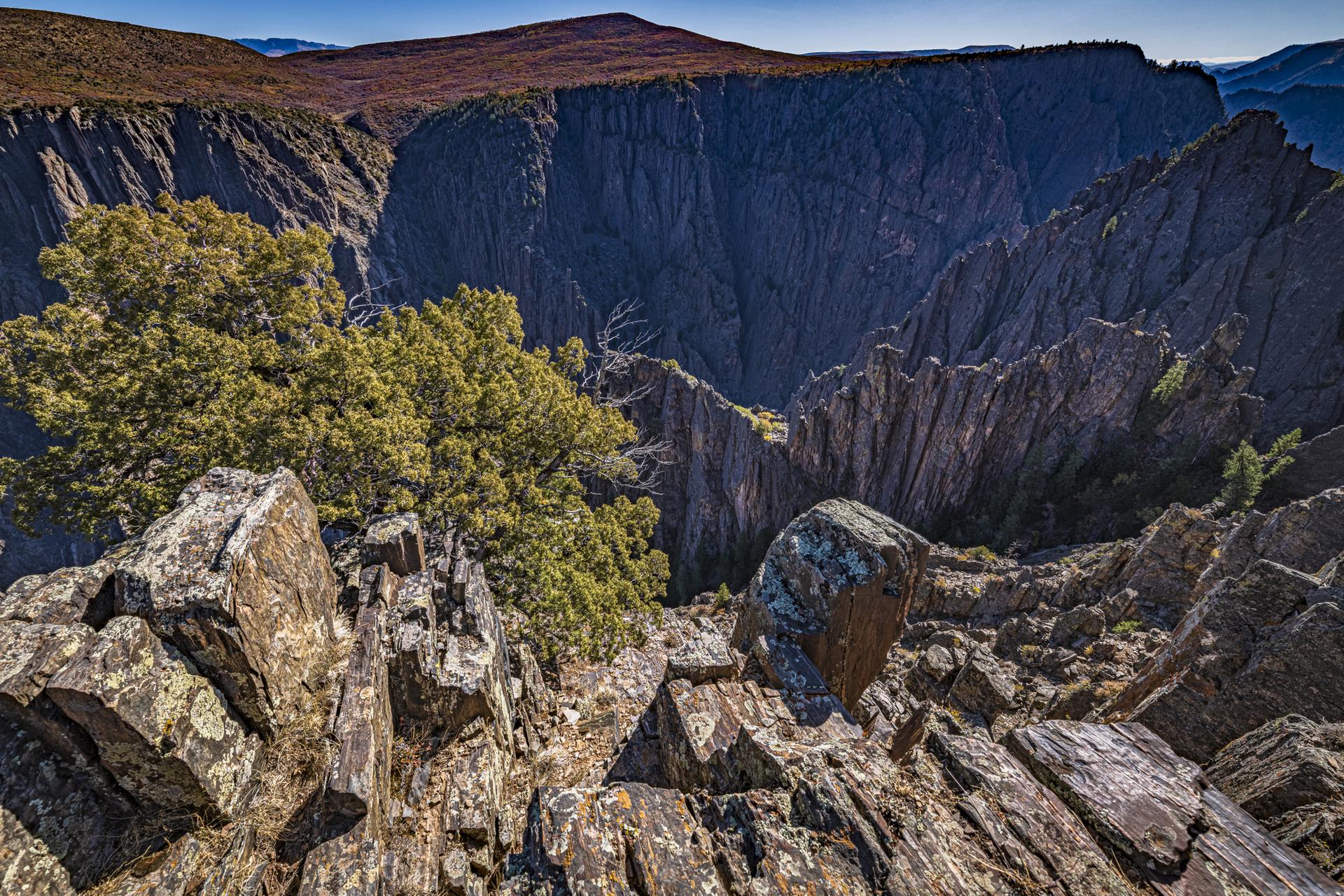 Dramatic view into a deep, dark canyon with jagged rock formations and trees.
