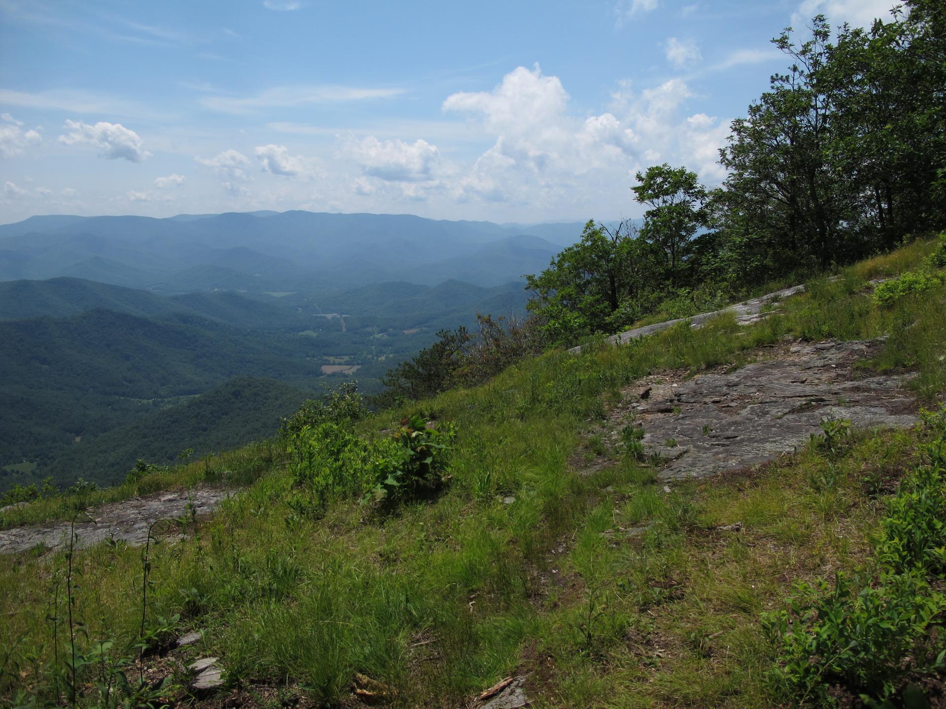 Sunny view of rolling green mountains from a rocky, grassy hillside.