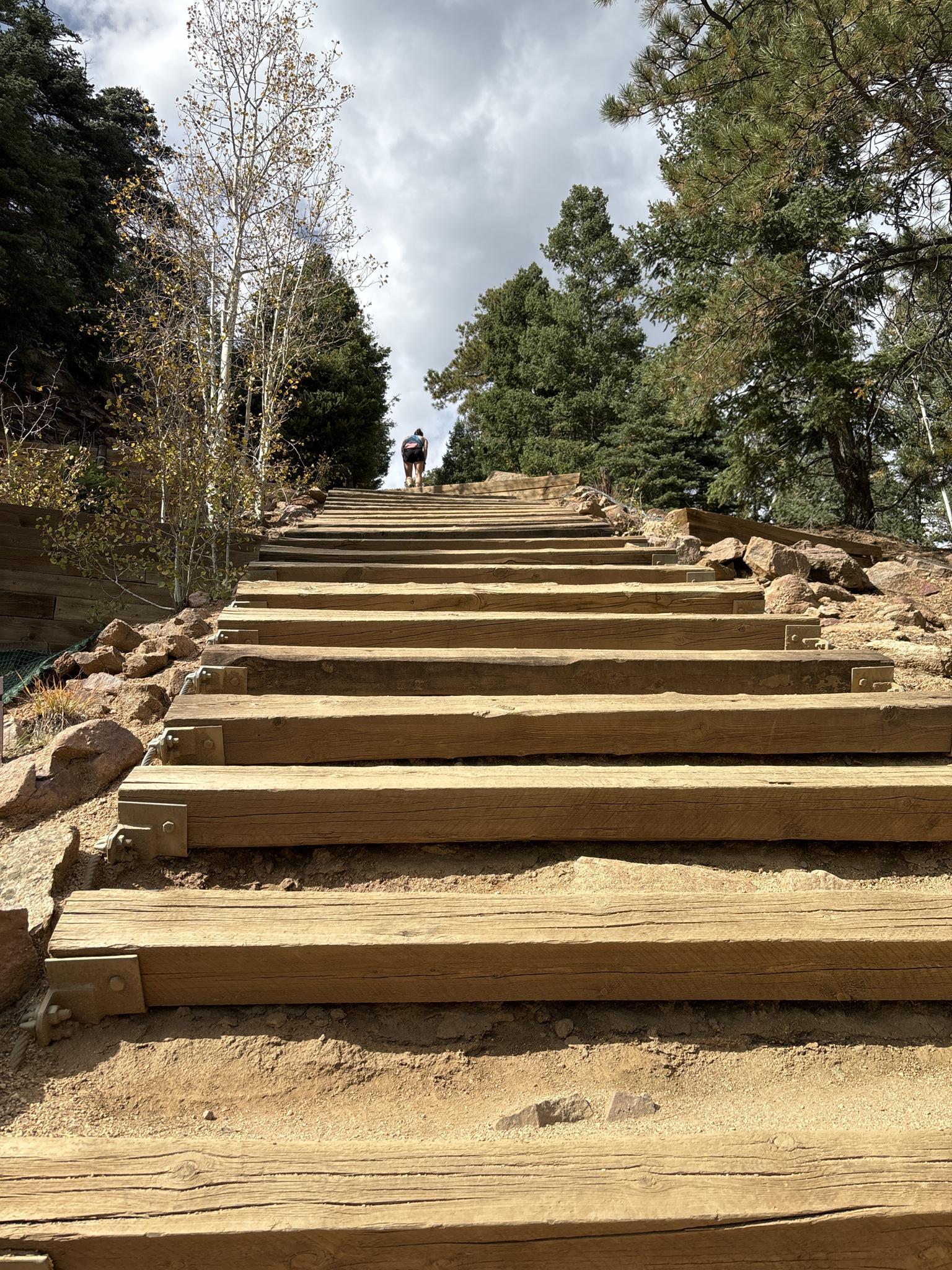 Person ascending a long, steep wooden staircase on a cloudy day.