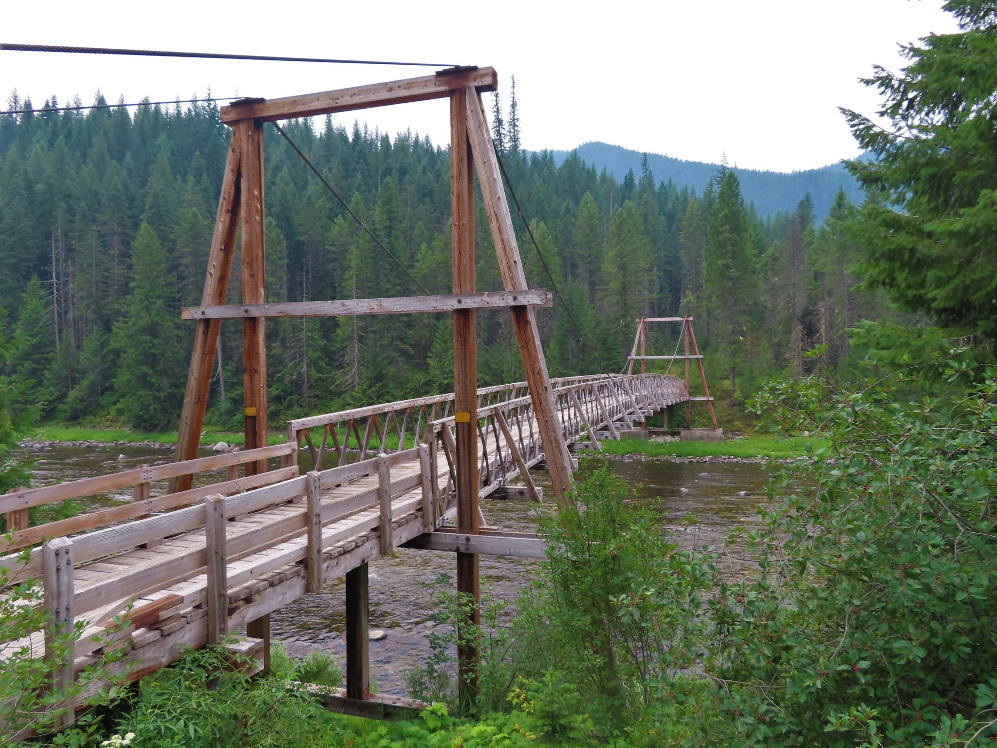 Long wooden suspension bridge spanning a river, surrounded by dense green forest. - Jerry Johnson Hot Springs