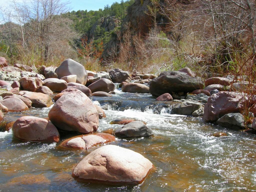 Clear water flows over reddish rocks in a sunny, natural stream.
