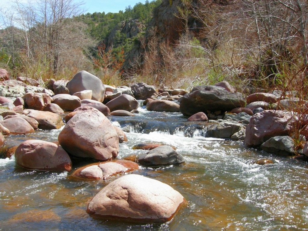 Clear water flows over reddish rocks in a sunny, natural stream. - Hellsgate Trail #37