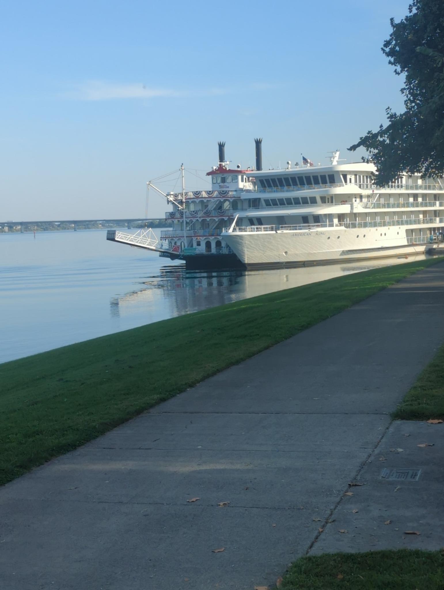 A large white paddlewheel boat docked on calm water next to a path.