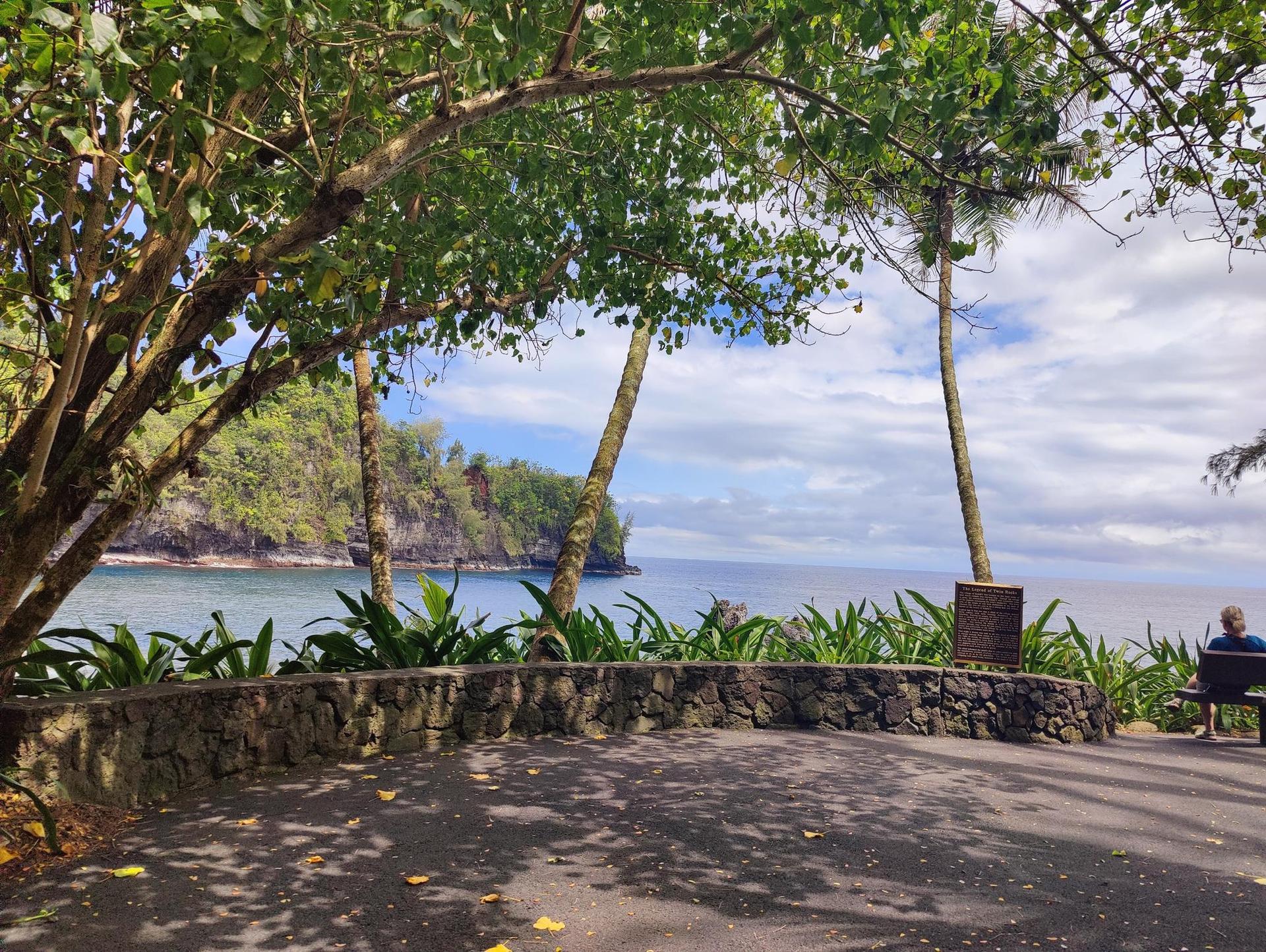 Person sits on a bench overlooking a scenic bay with cliffs and palm trees.