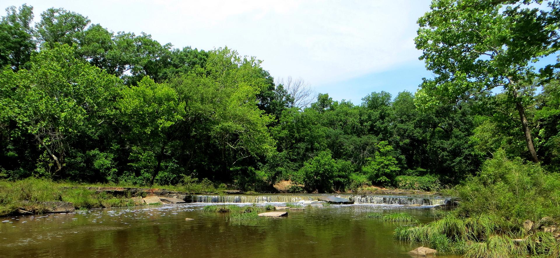 A wide river flows past lush green trees under a bright sky.
