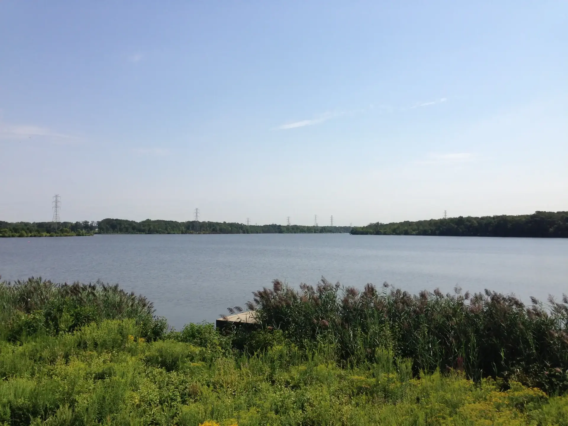 A wide lake with green vegetation in the foreground under a clear sky.