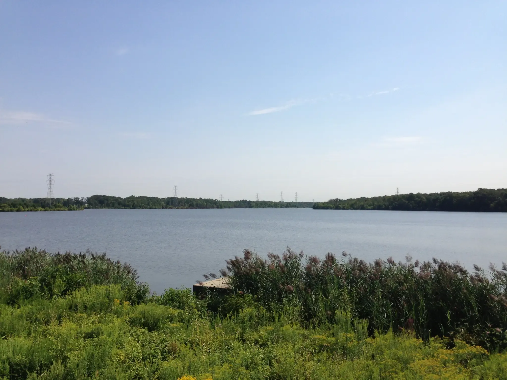 A wide lake with green vegetation in the foreground under a clear sky. - NJ State Long Trail