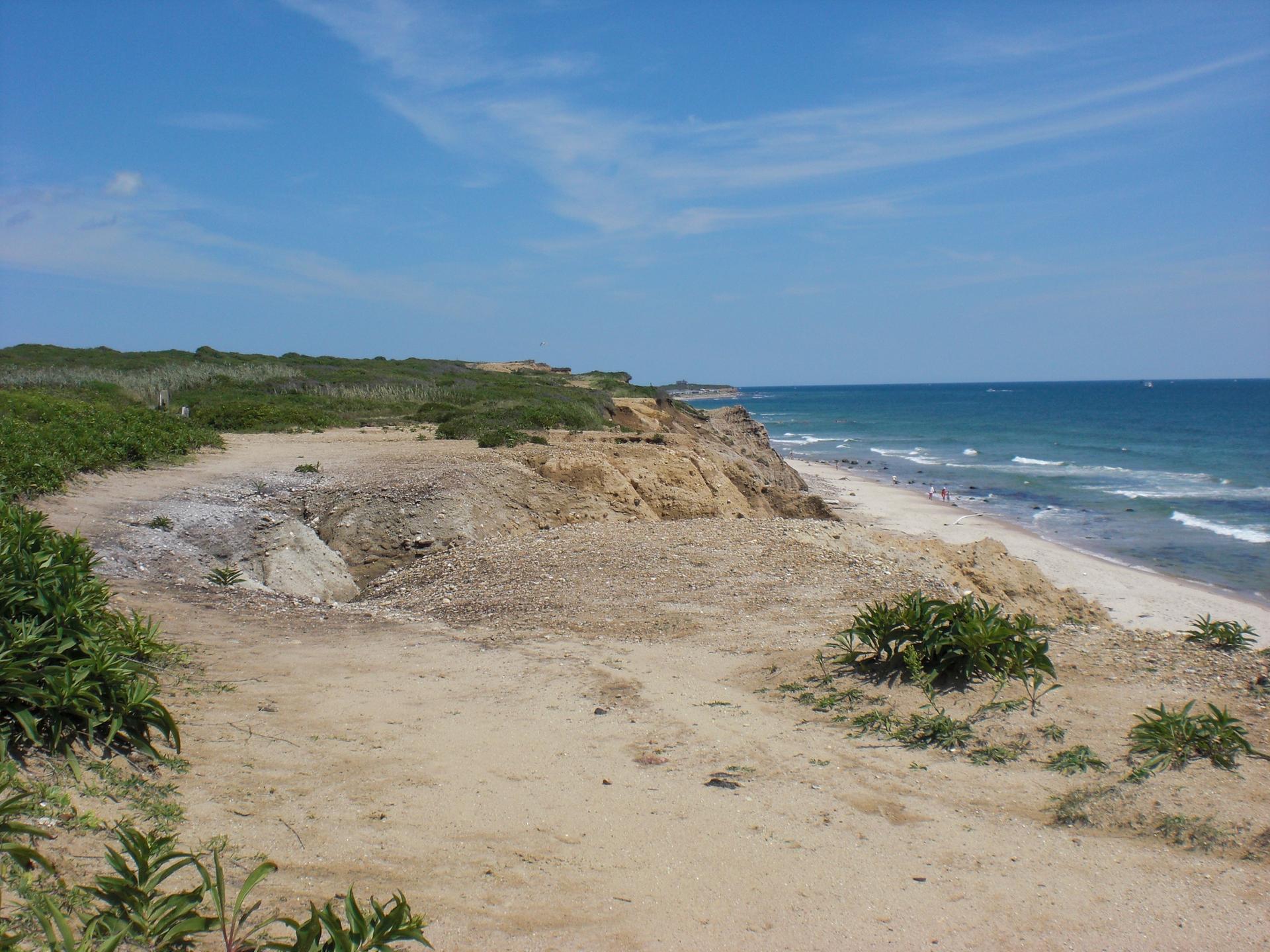 Sunny coastal landscape with sandy path, cliffs, ocean, and distant beachgoers.