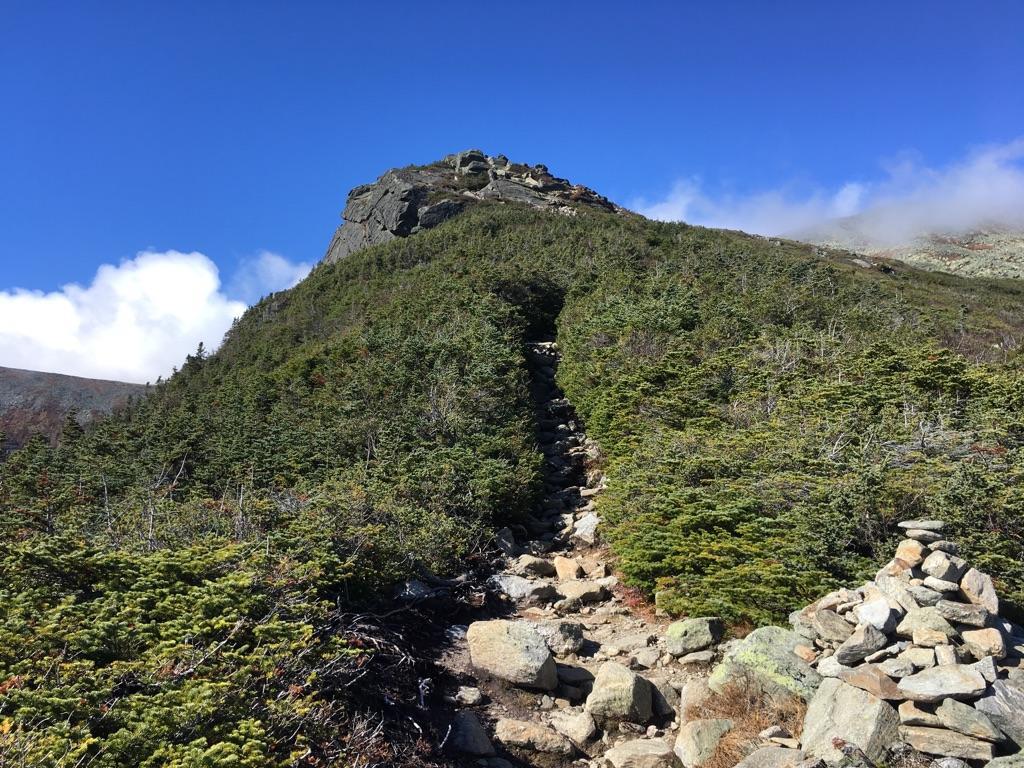 Rocky trail ascends a steep, forested mountain under a bright blue sky.