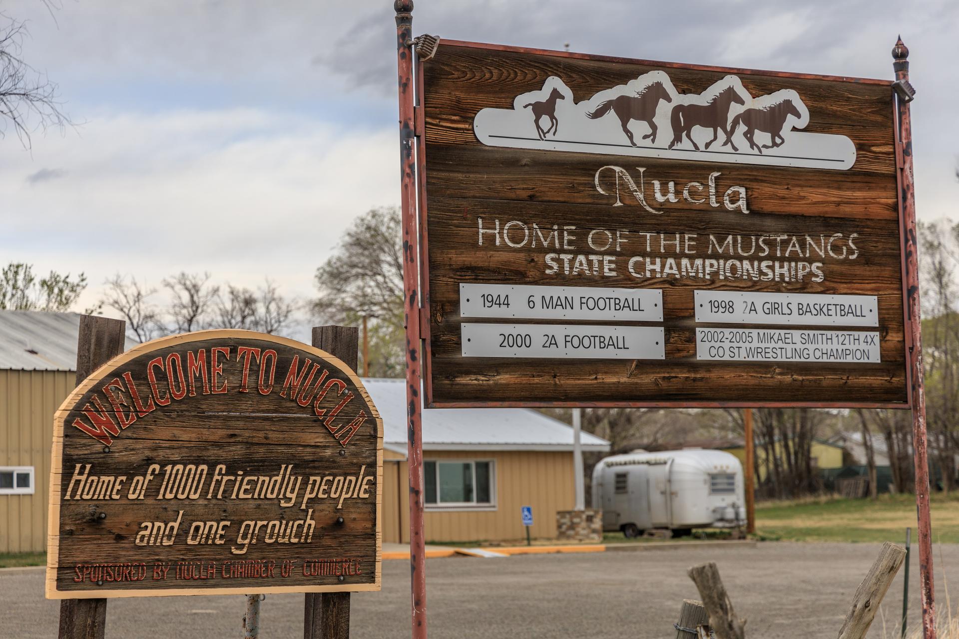 Two weathered wooden signs stand outdoors under an overcast sky, near buildings and trees.