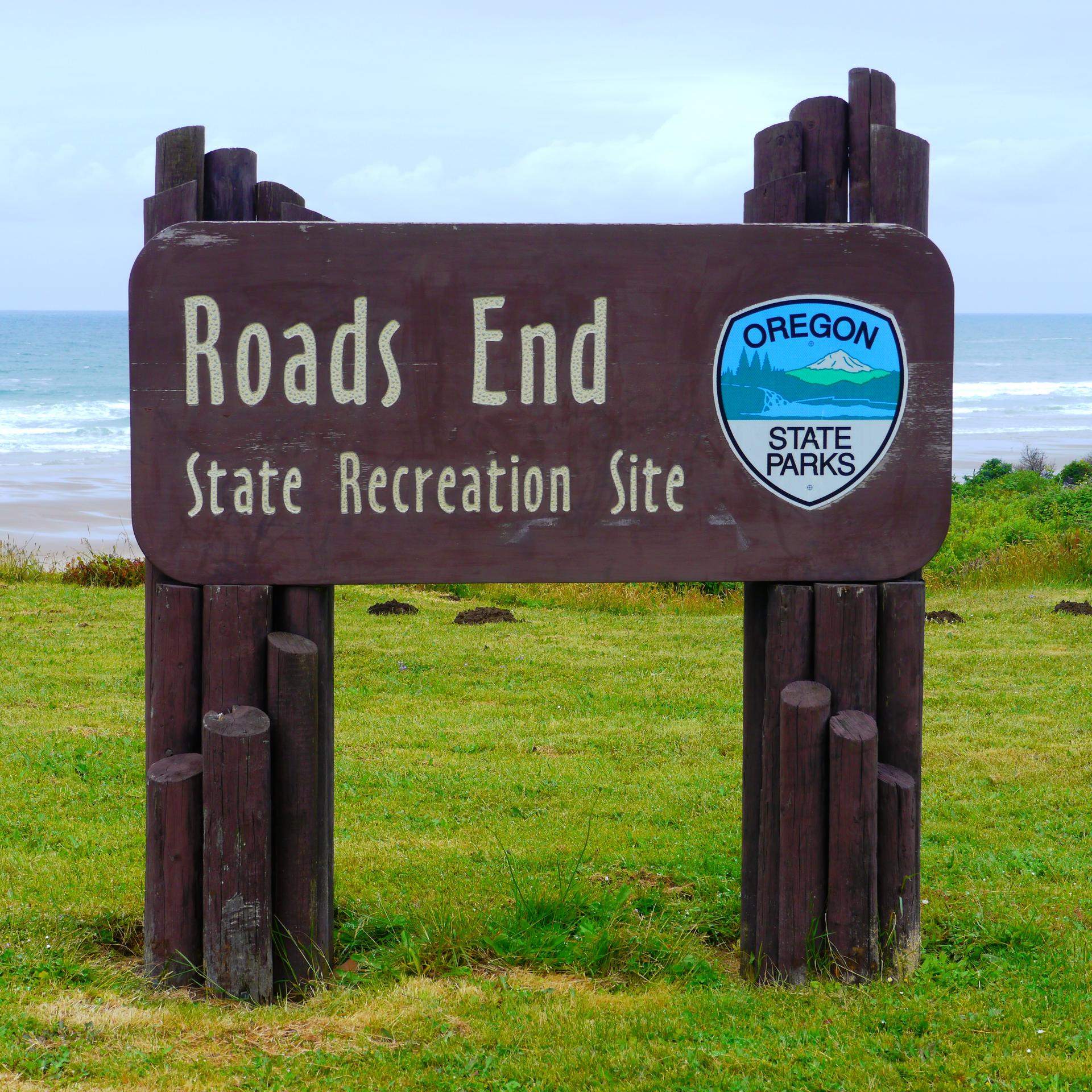 A large wooden sign on green grass with the ocean in the background.