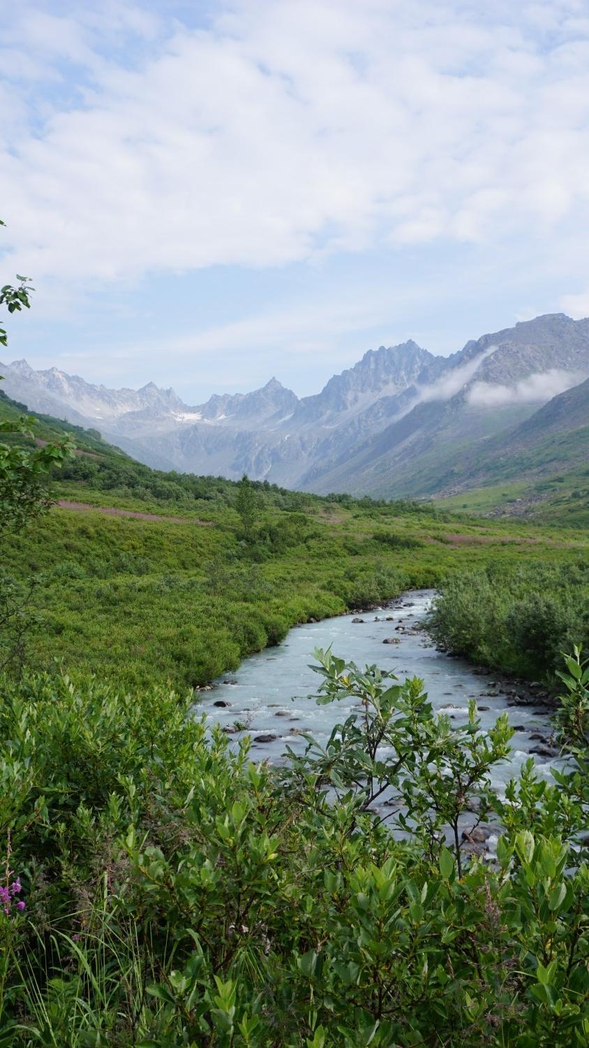 A river winds through a lush green valley with rugged mountains under a cloudy sky.