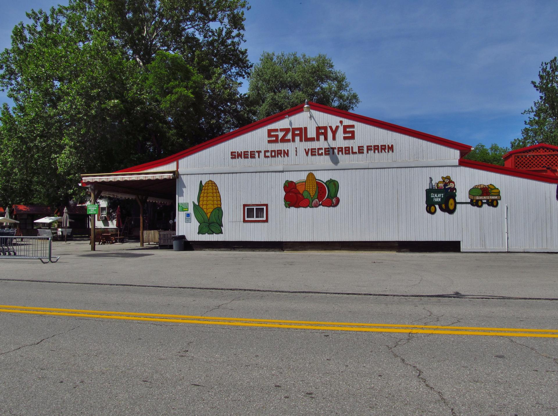 A white barn with a red roof and farm murals under bright daylight.