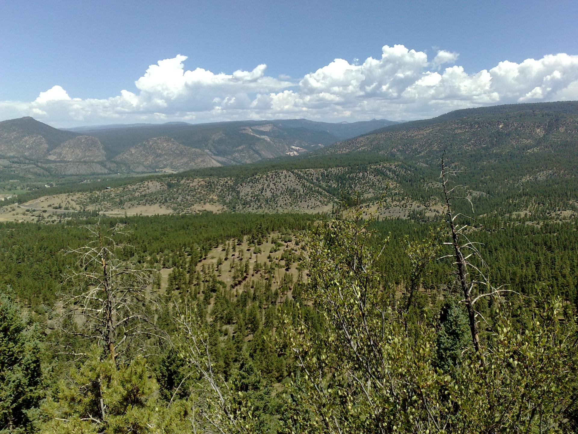 Expansive mountain landscape with dense green forests under a bright, cloudy sky.