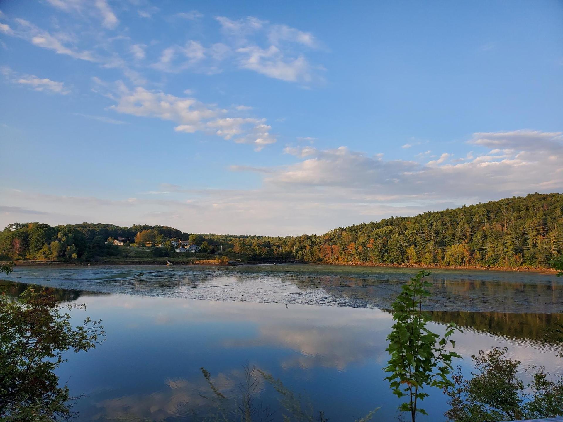 Serene lake reflecting blue sky and clouds, bordered by lush green forests.