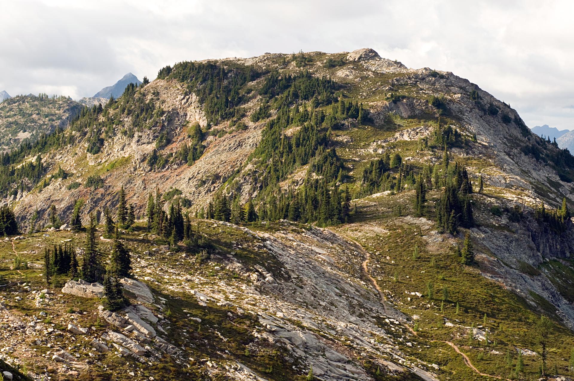 A rocky, forested hillside with a winding dirt trail under a cloudy sky.