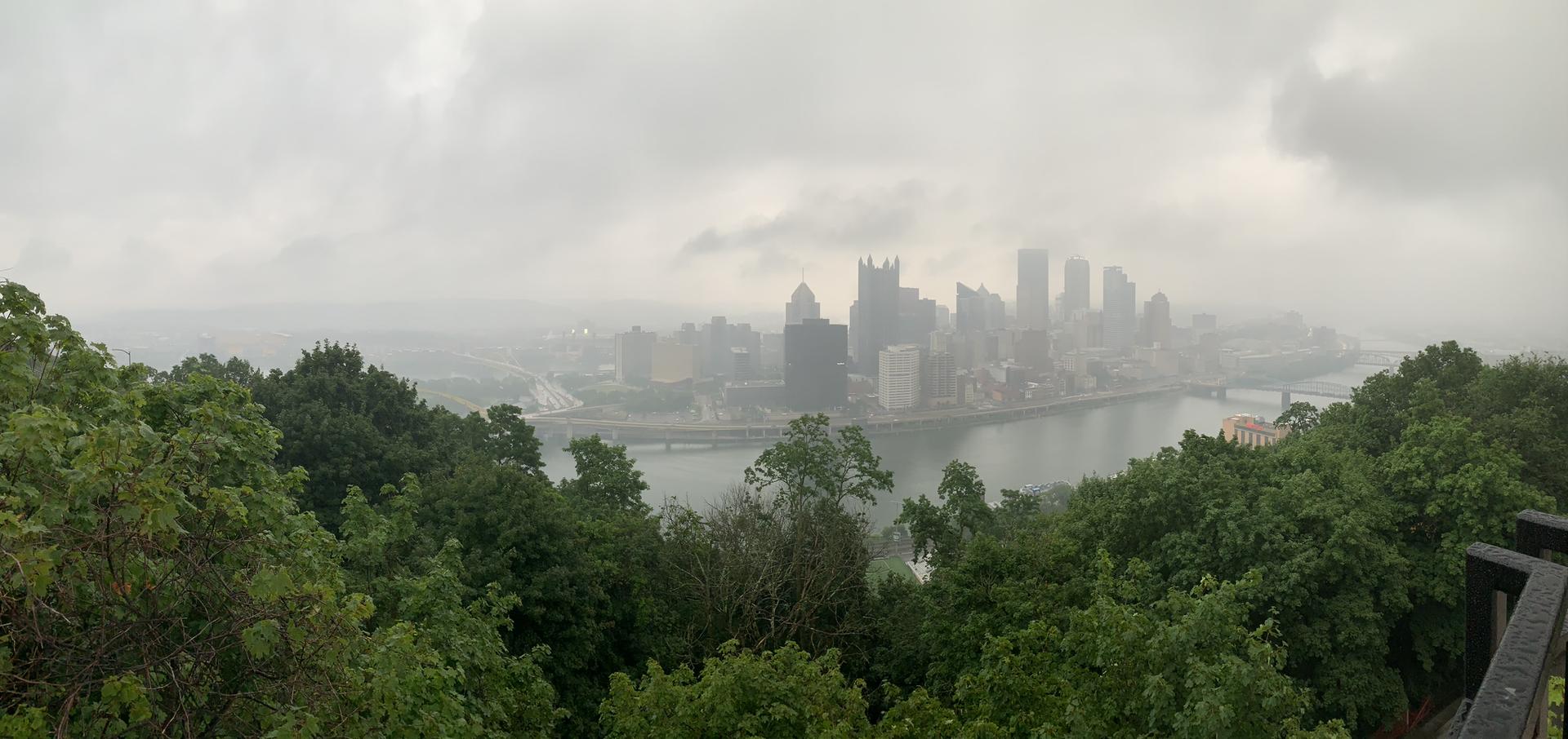 Foggy city skyline with river and bridges, viewed from a green hillside.