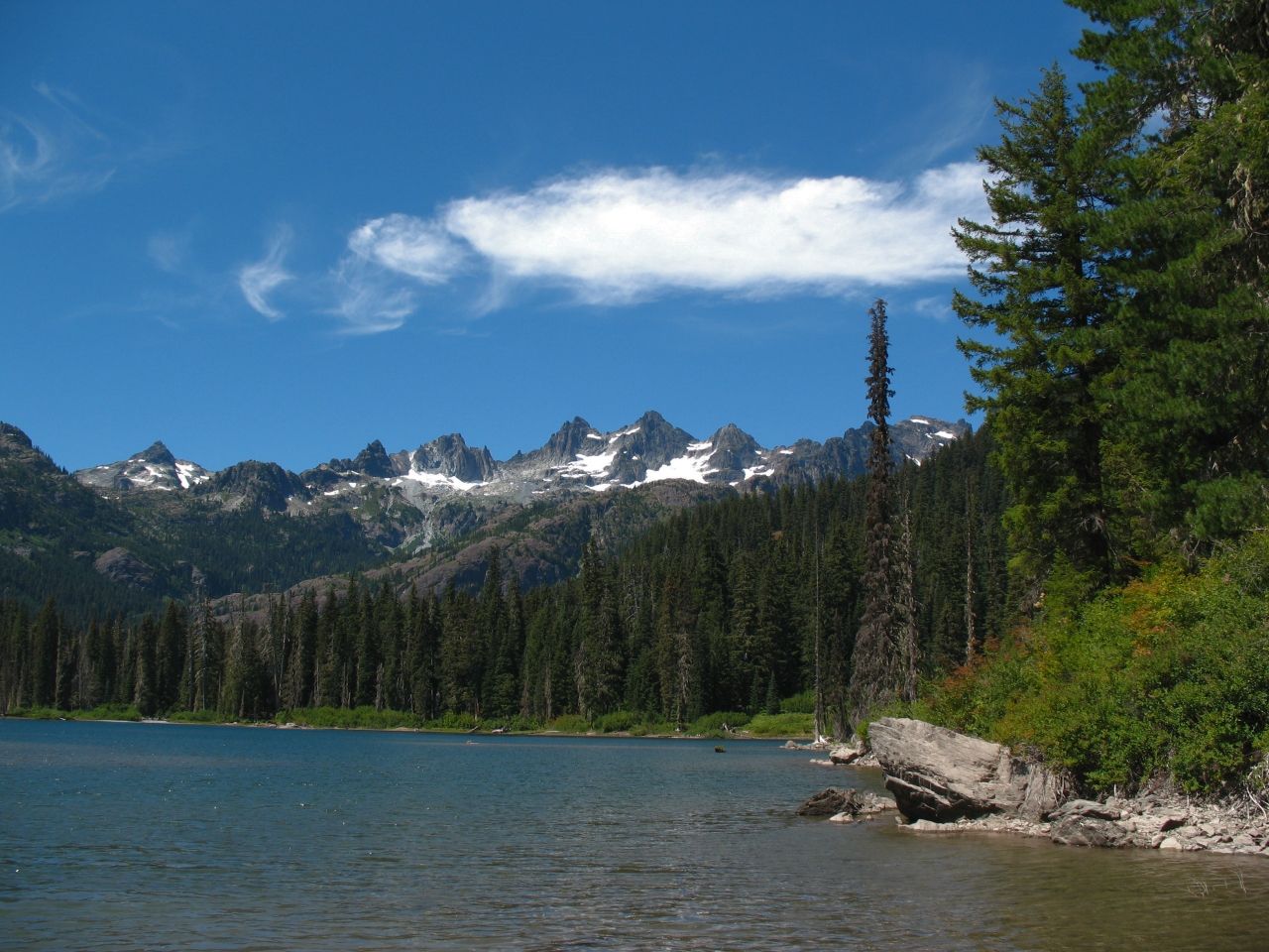 Serene mountain lake with pine trees and snow-capped peaks under blue sky. - Pete Lake Trail