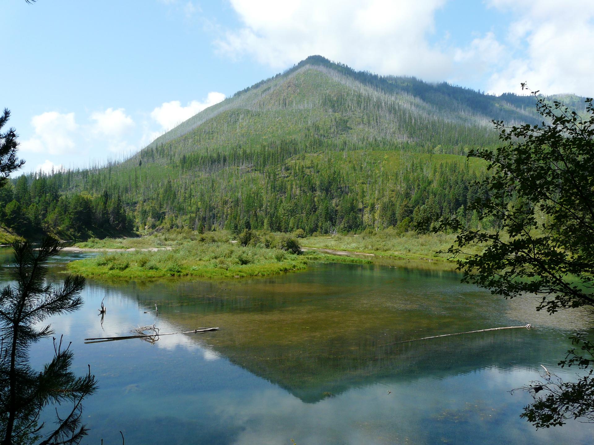 Calm lake reflecting a large, green forested mountain under a bright sky.