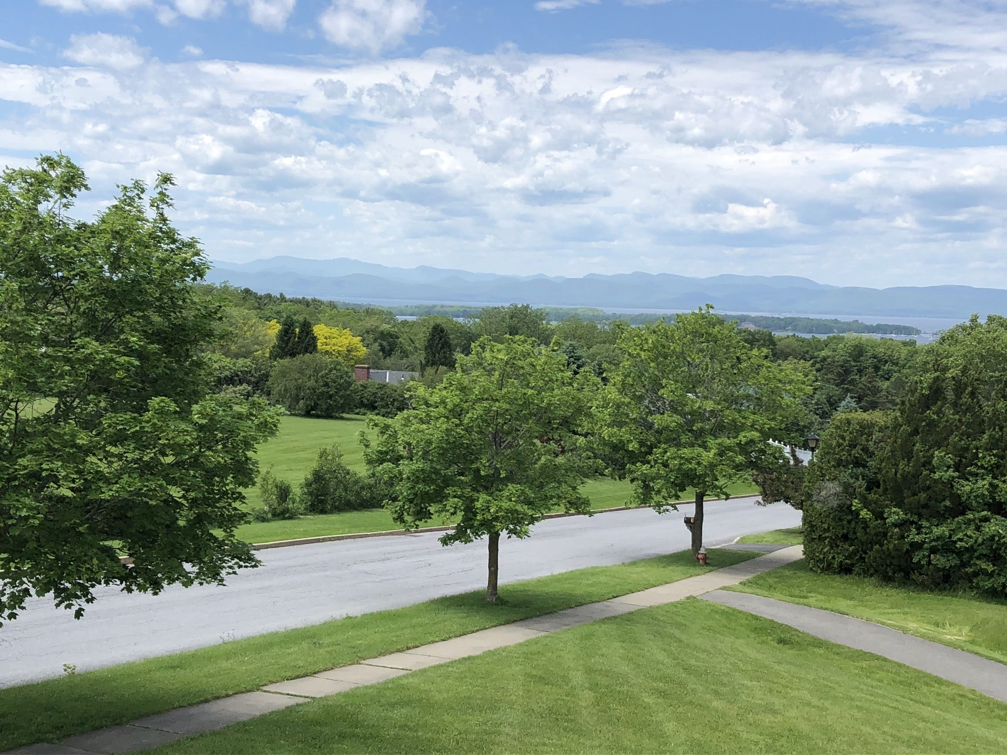 Road and trees with distant lake and mountains under cloudy sky. - Cycle the City Southern Sojourn