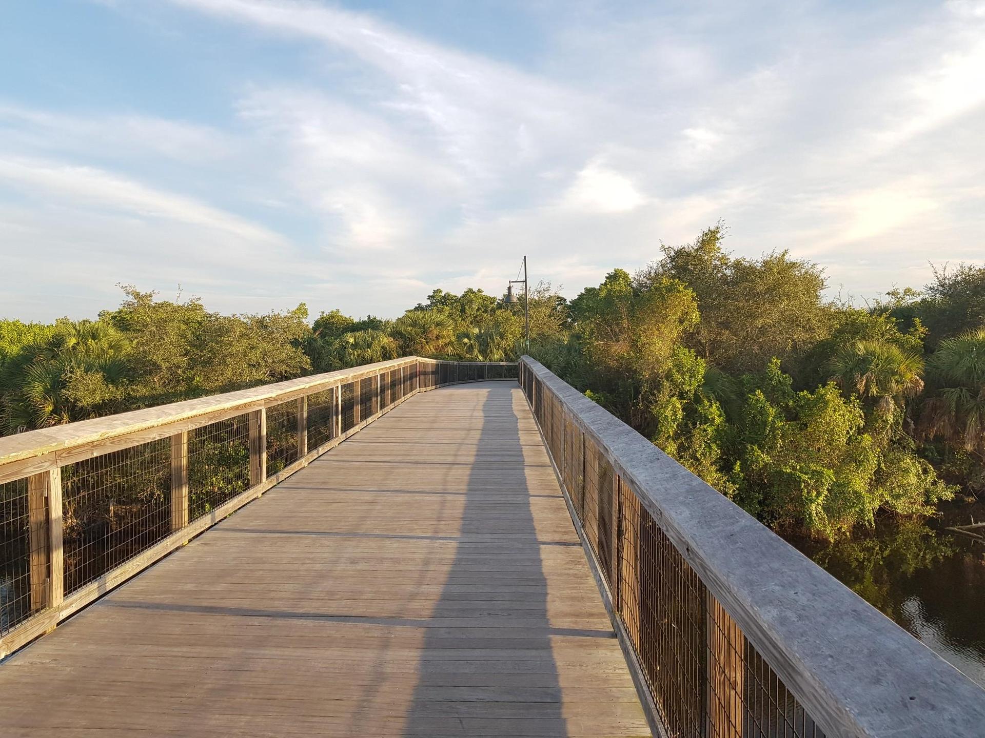 Long wooden boardwalk over water, surrounded by lush green trees, bright sky.