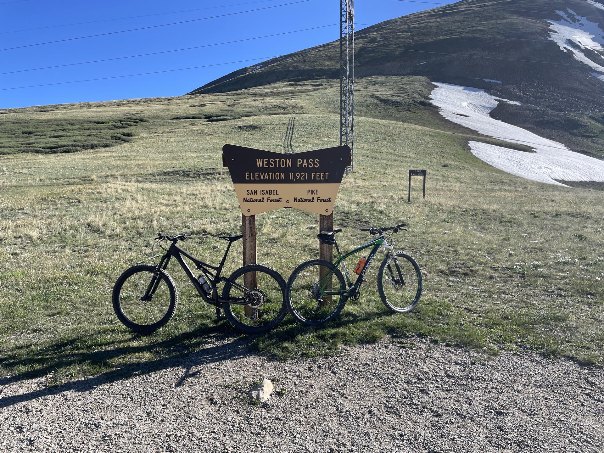 Two mountain bikes parked by a sign on a sunny, grassy mountain slope.